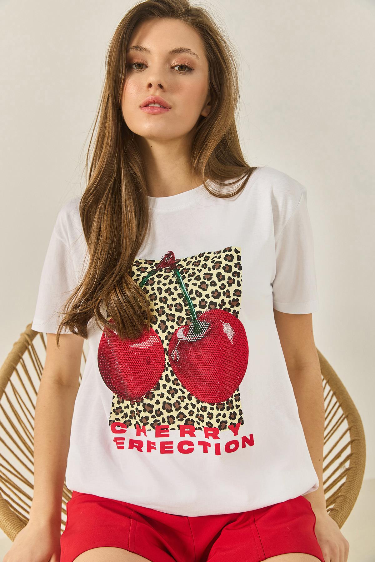 Kadın Cherry Leopar Baskılı Taş Detaylı Normal Kalıp T-Shirt 4140 60283299 - Beyaz - Beyaz / M