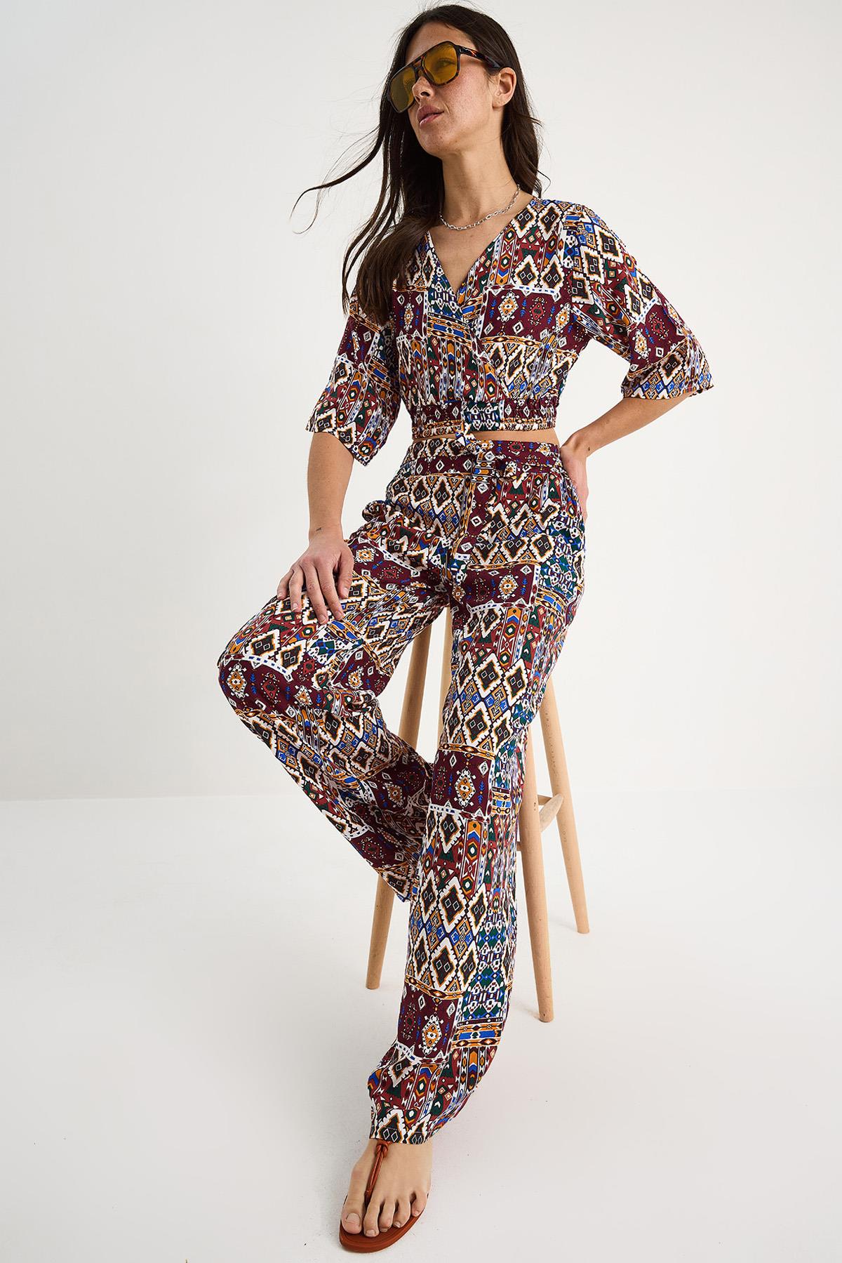 Kadın Desenli Crop Bluz Pantolon Takım 3052 60283353 - Bordo - Bordo / S