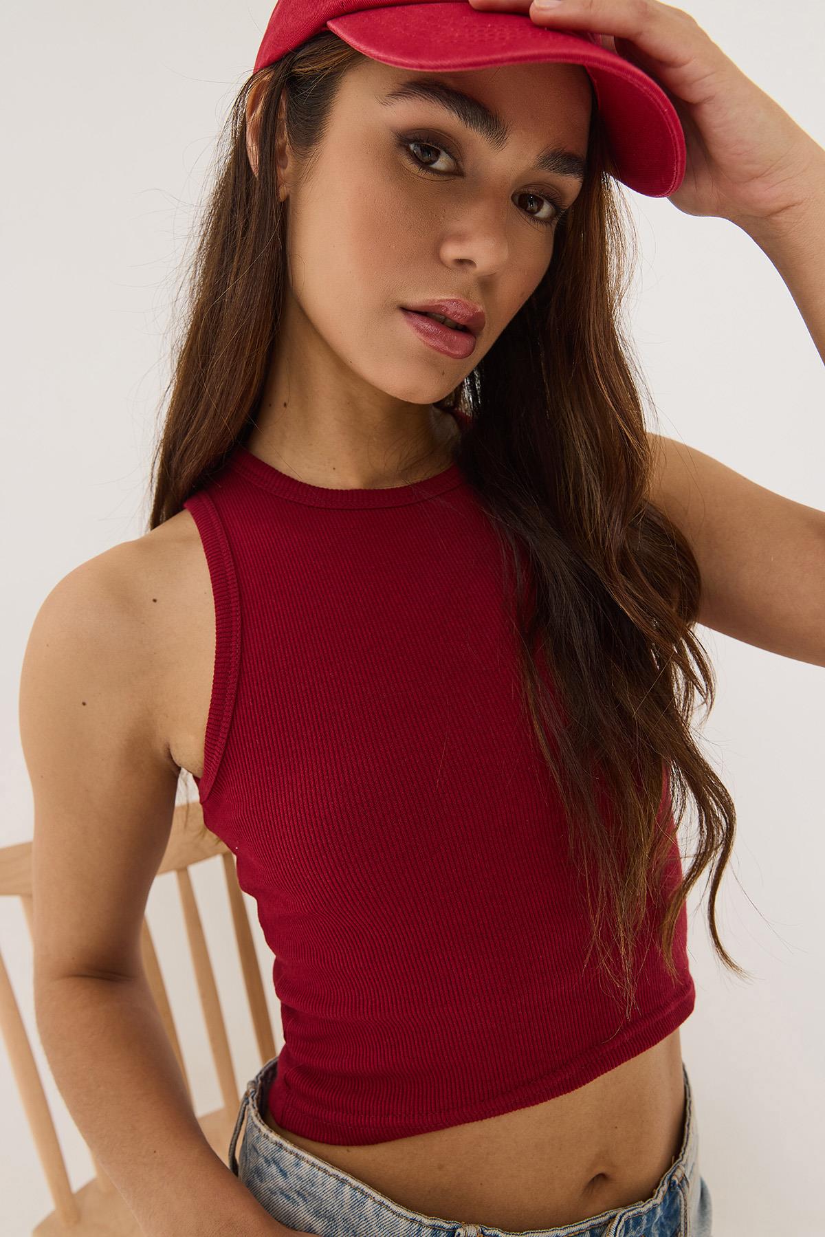 Kadın Fitilli Halter Yaka Kaşkorse Basic Crop Top Atlet 60602045 - Bordo - Bordo / M