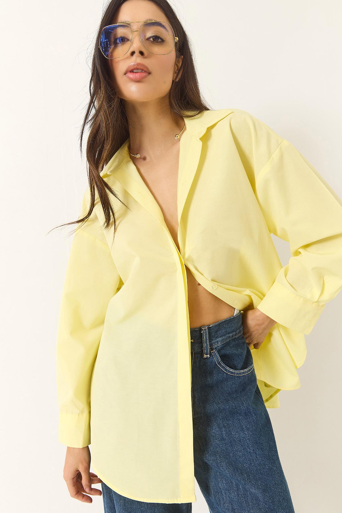 Kadın Oversize Terikoton Poplin Gömlek 34225 60284043 - Limon Sarısı - Limon Sarısı / S