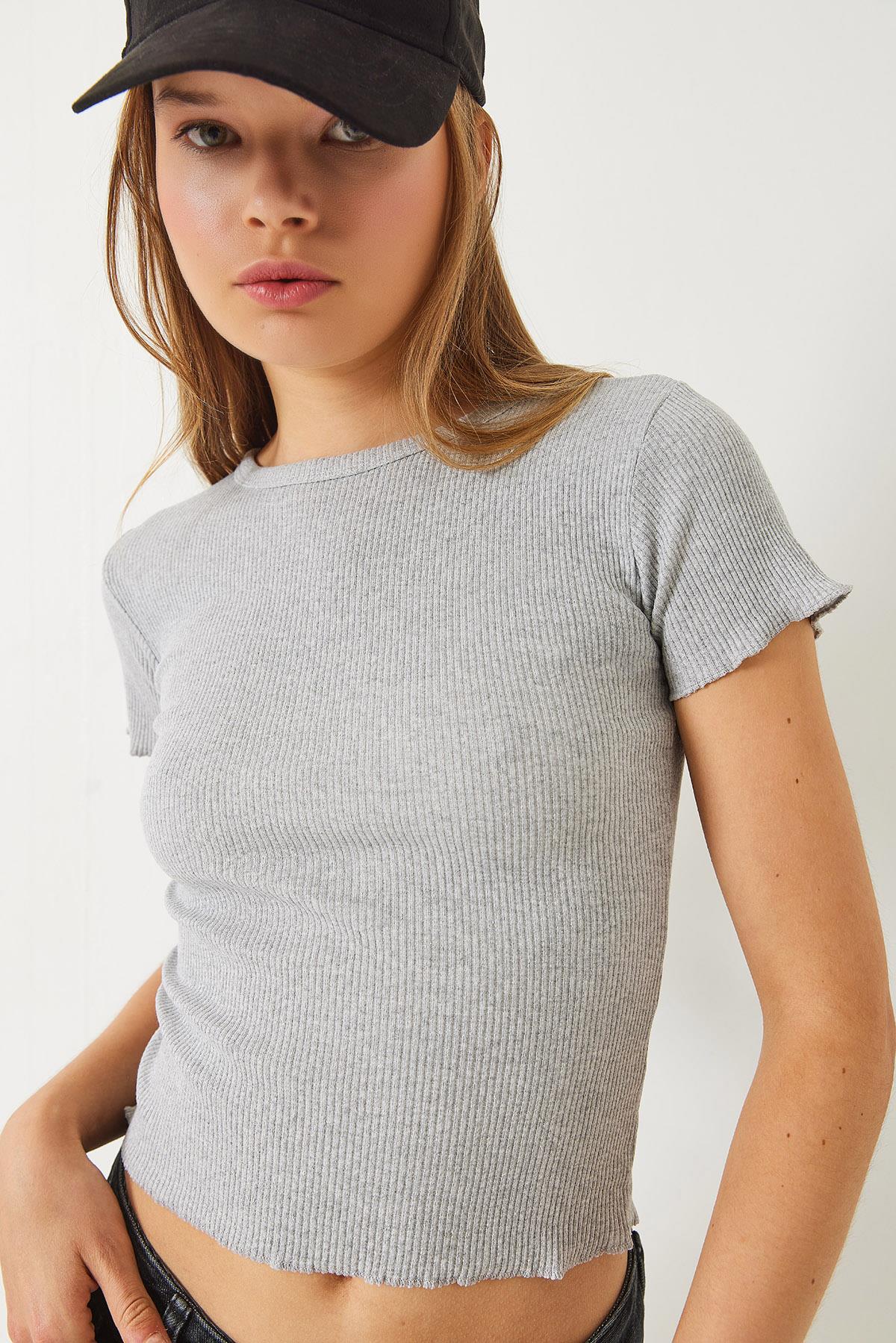 Kadın Fitilli Kaşkorse Basic T-Shirt 60261476 - Gri - Gri / L