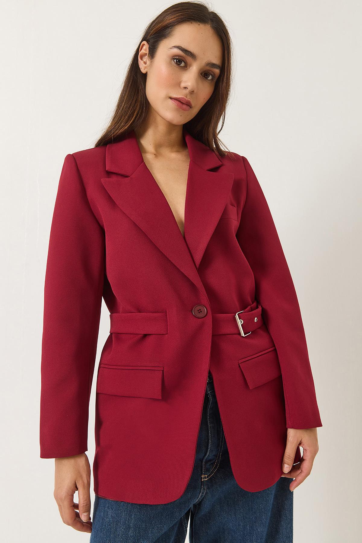 Kadın Kemer Detaylı Astarlı Blazer Ceket 8132 60283134 - Bordo - Bordo / 40