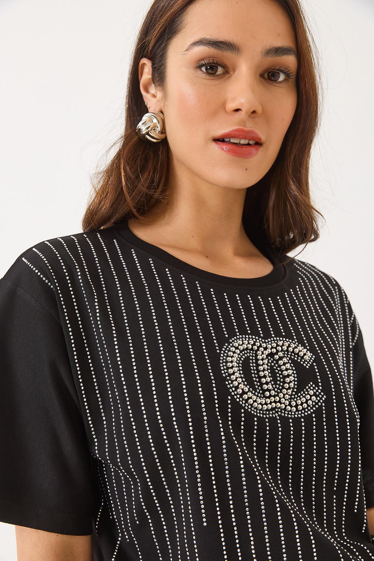 Kadın Bisiklet Yaka Kısa Kollu Boncuk Taş Baskılı Salaş T-Shirt 60283037 - Siyah - Siyah / S