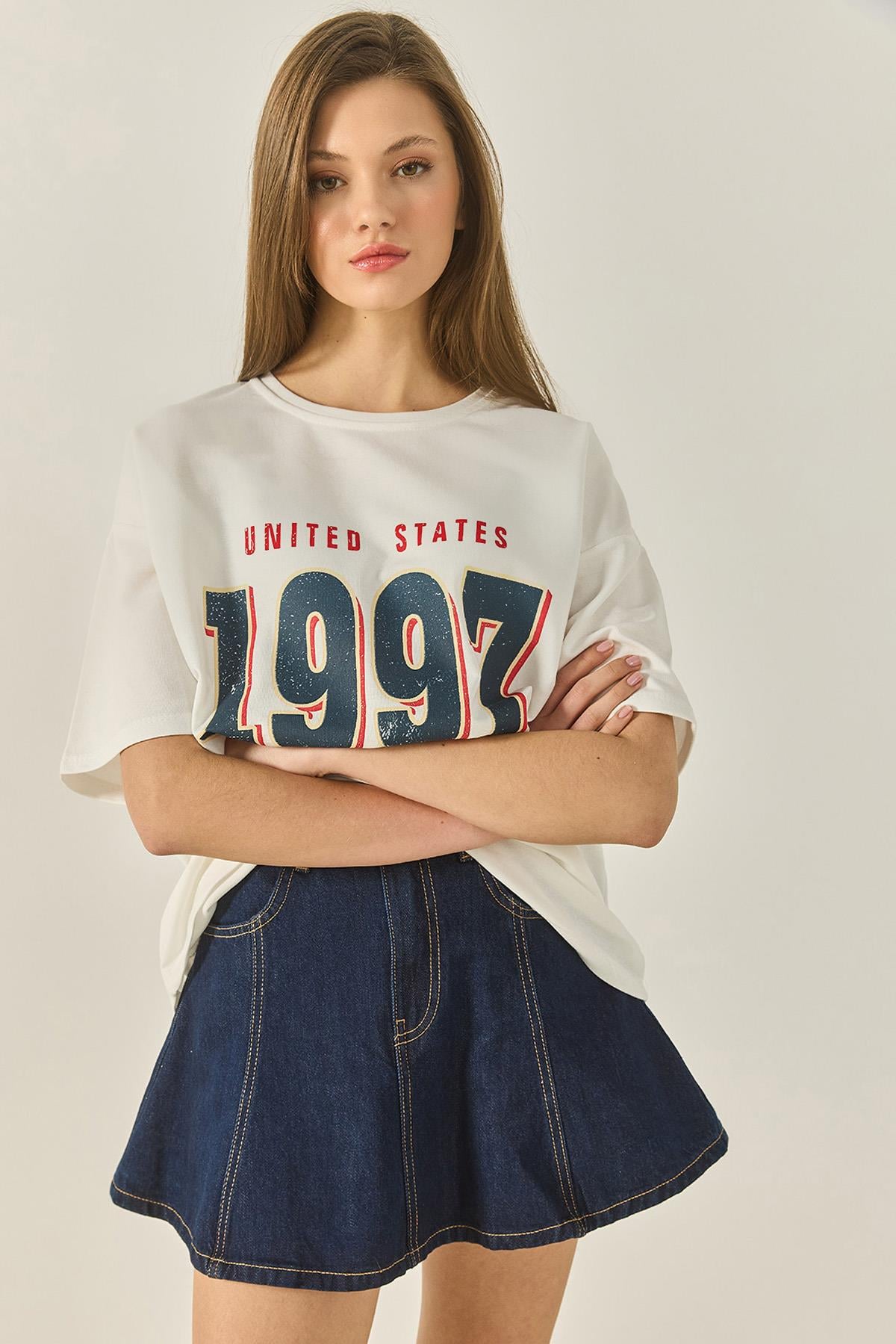 Kadın 1997 Baskılı Pamuklu Oversize T-Shirt 3056 60284048 - Beyaz - Beyaz / L