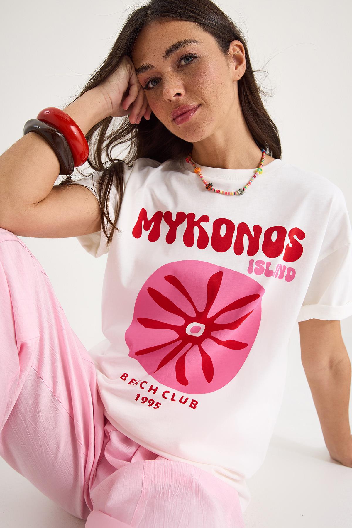 Kadın Mykonos Baskılı Oversize Pamuklu T-Shirt 5446 60283290 - Beyaz - Beyaz / L
