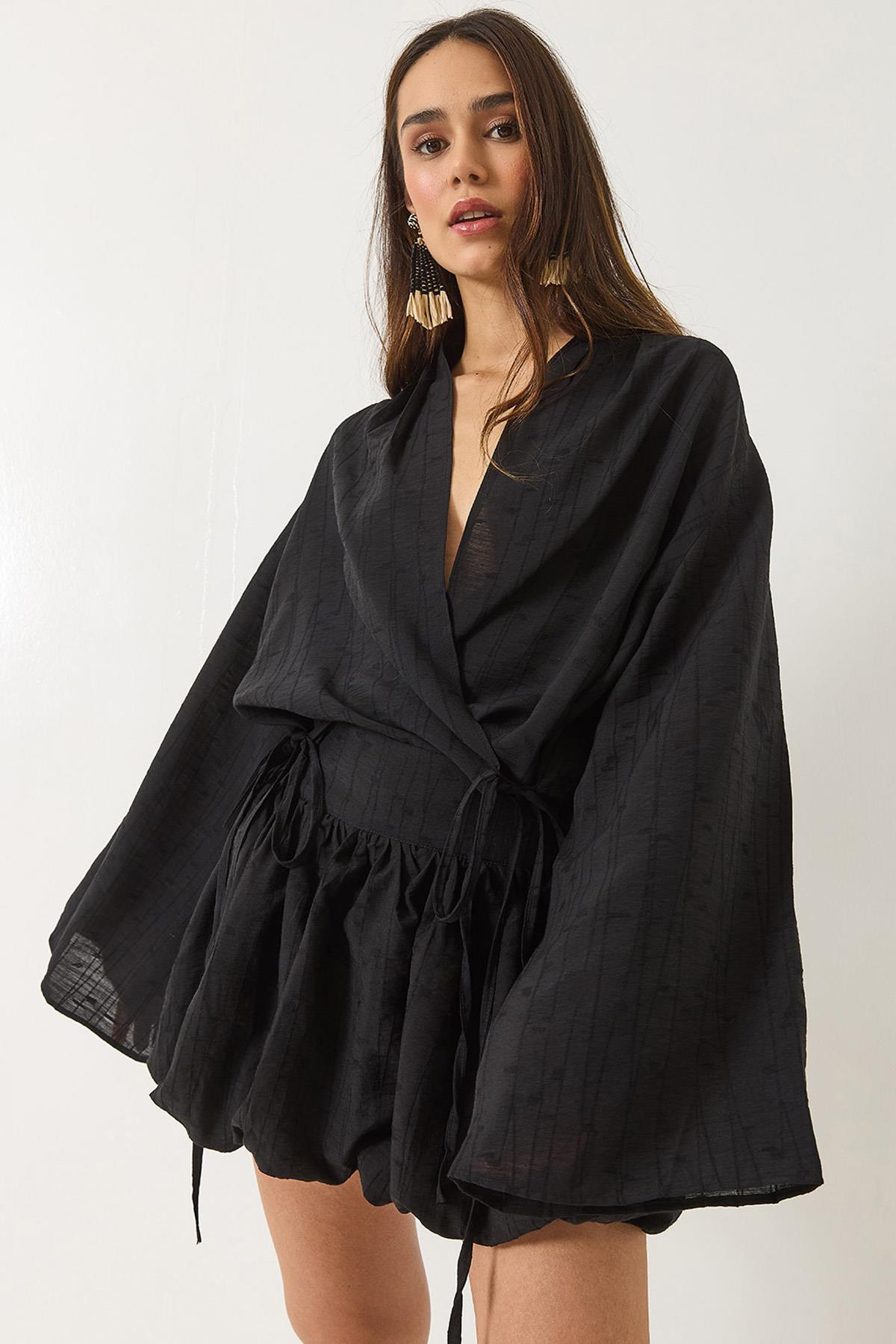 Kadın Mini Balon Etekli Bağlama Detaylı Kimono Alt-Üst Takım 60434 60283137 - Siyah - Siyah / L