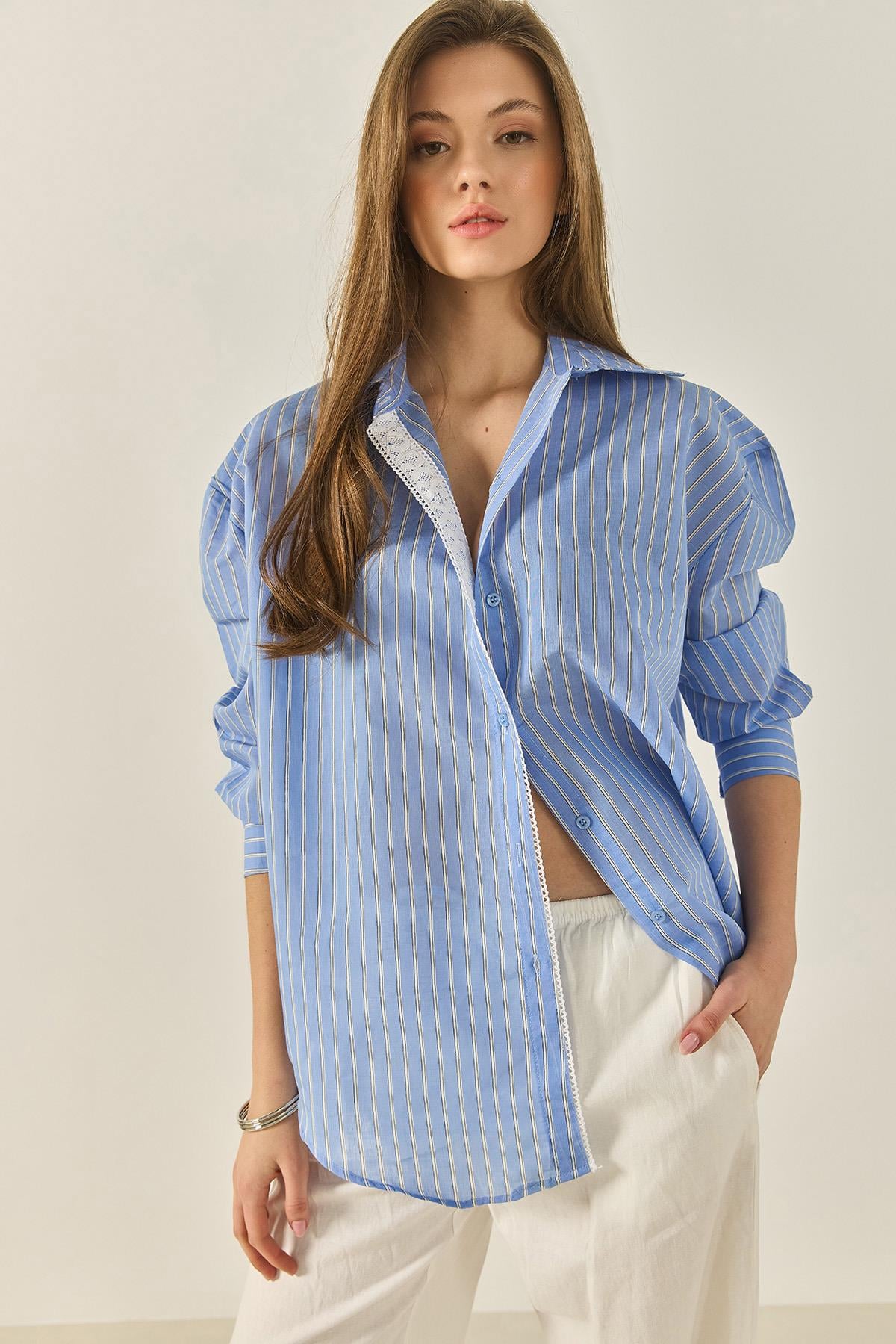 Kadın Dantel Detaylı Çizgili Oversize Modal Gömlek 4792  60281050 - Mavi - Mavi / 36