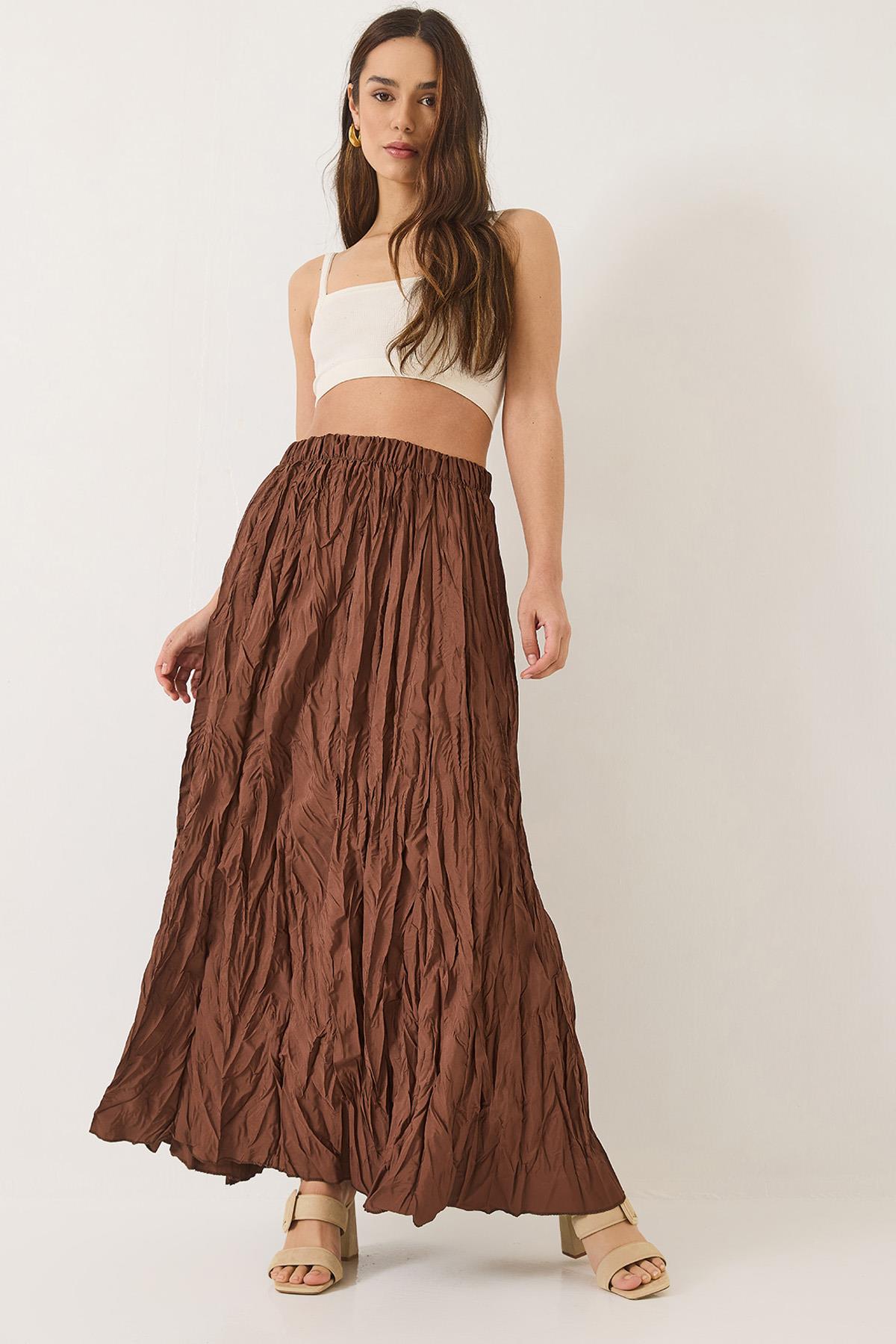 Kadın Beli Lastikli Crush Efektli Uzun Etek 60283112 - Acı Kahve - Acı Kahve / Tek Ebat