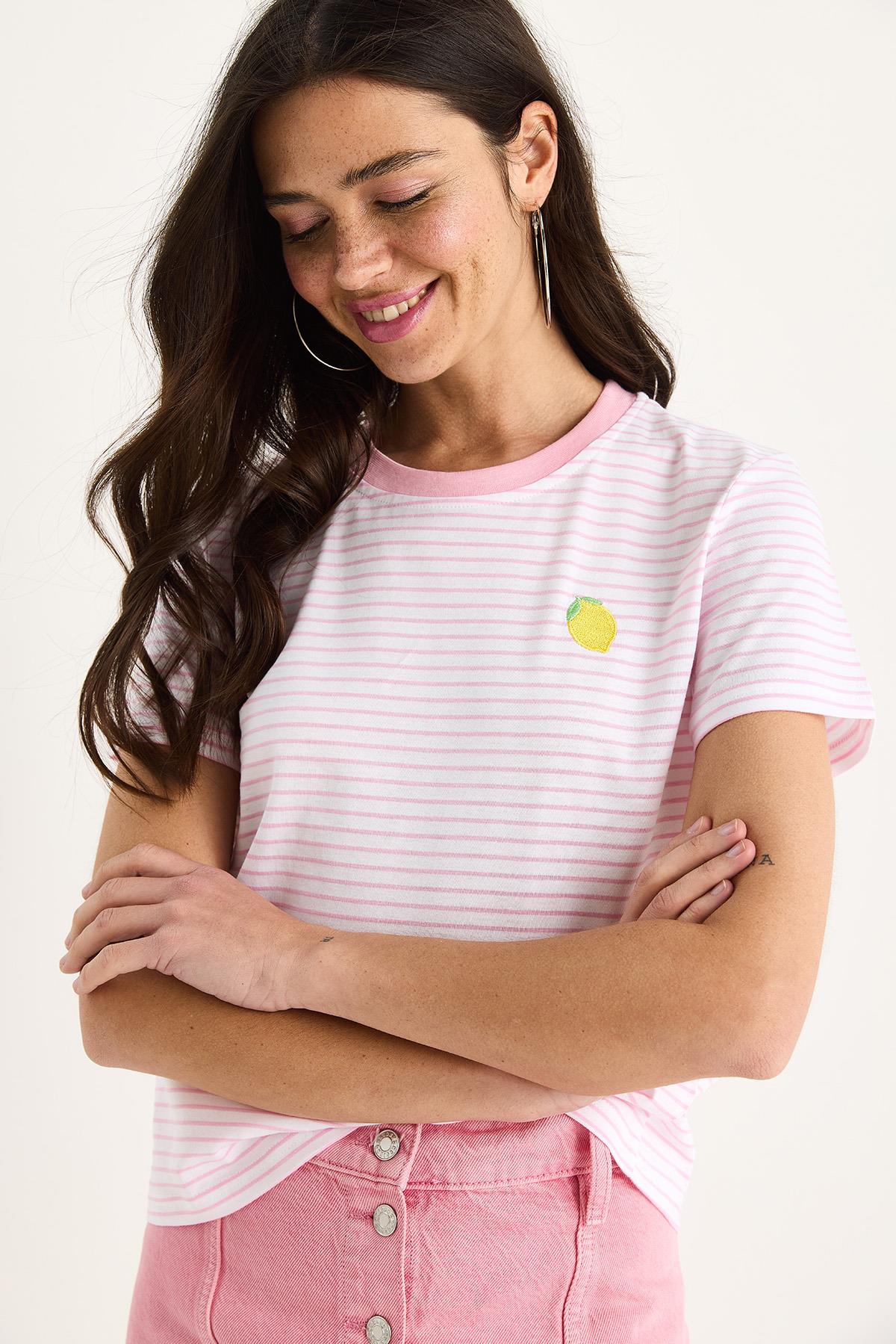 Kadın Limon Nakışlı Çizgili Pamuklu Basic T-Shirt 3369 60283387 - Şeker Pembe - Şeker Pembe / M