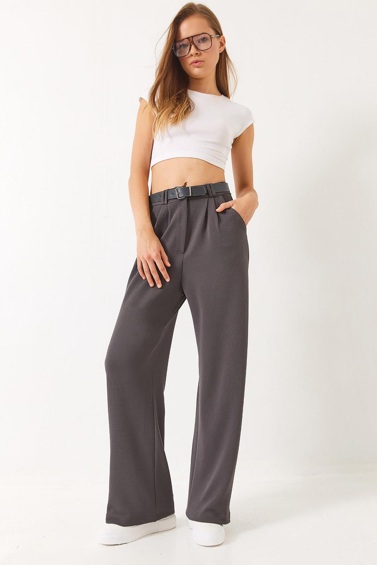 Kadın Çift Pile Detaylı Kemerli Örme Pantolon 3851 60261449 - Füme - Füme / 40