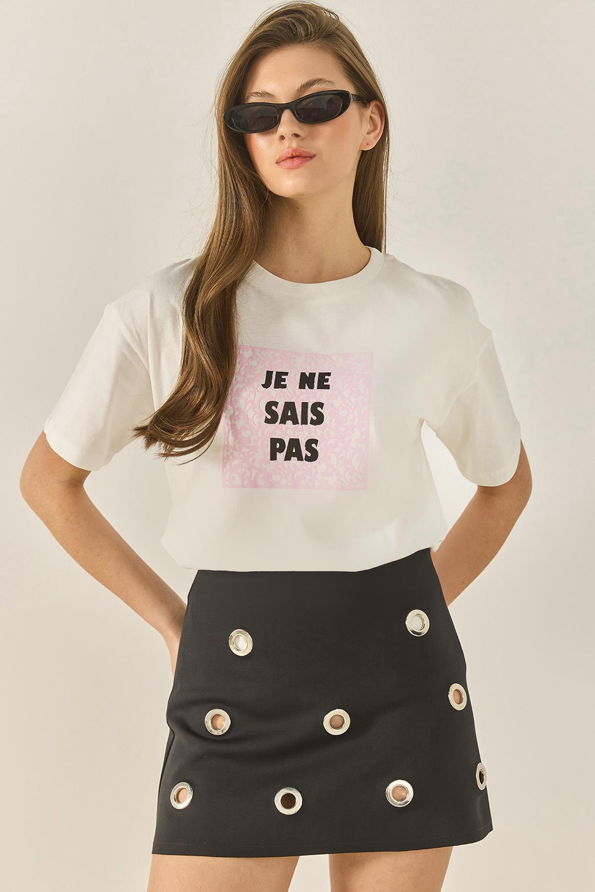 Kadın Bisiklet Yaka Kısa Kollu Baskılı Pamuklu Salaş T-Shirt 5447 60283289 - Beyaz - Beyaz / S