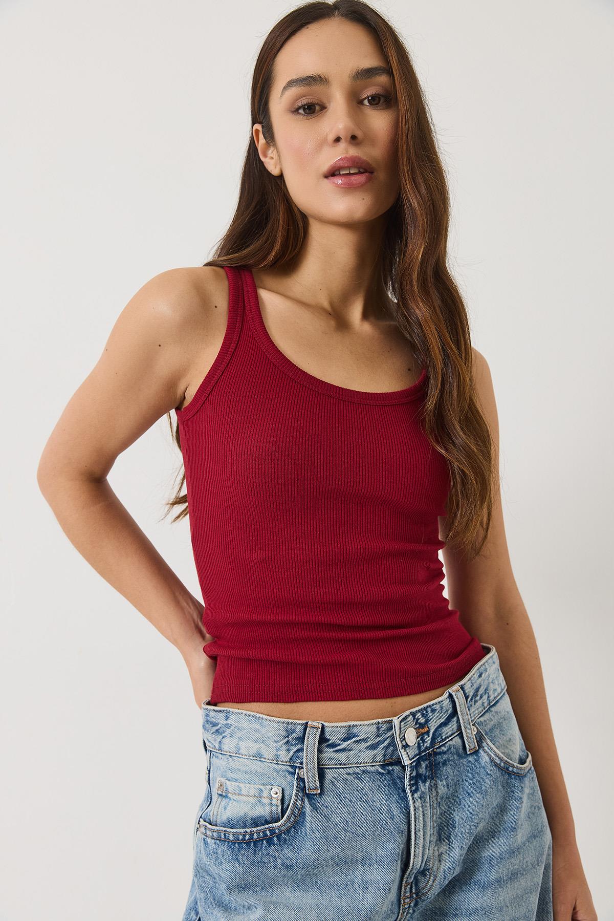 Kadın Fitilli Görünümlü Kalın Askılı Kaşkorse Basic Atlet 60602042 - Bordo - Bordo / S