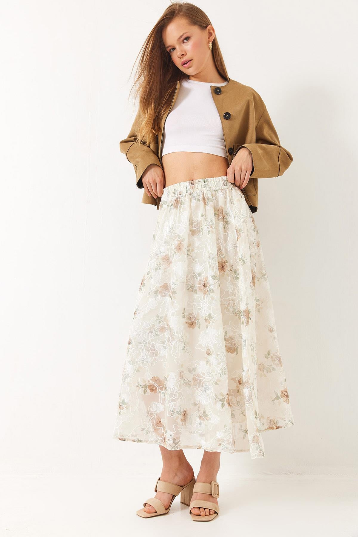 Kadın Beli Lastikli Çiçekli Nakışlı Tül Detaylı Astarlı Kloş Etek 60283032 - Krem - Krem / L