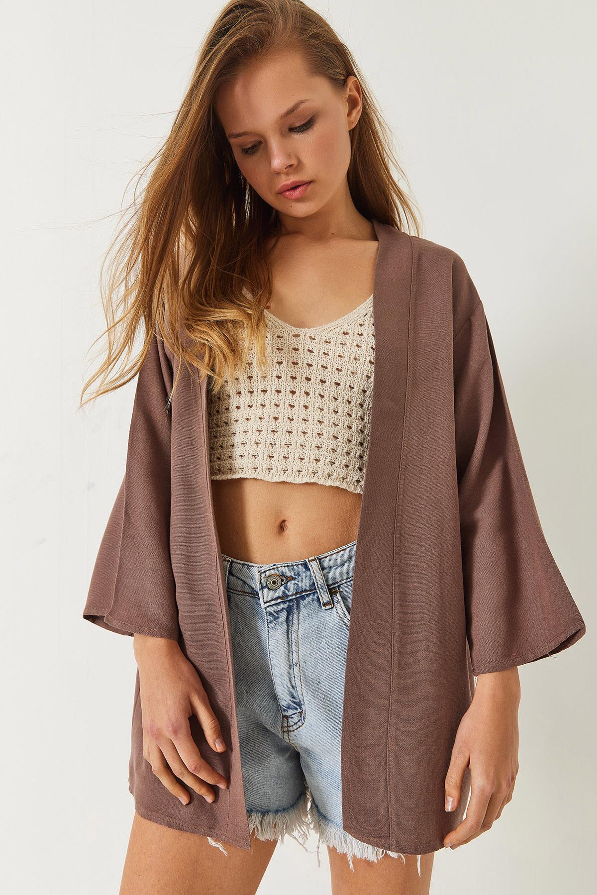 Kadın Keten Dokulu Kısa Basic Kimono 60261496 - Vizon - Vizon / S