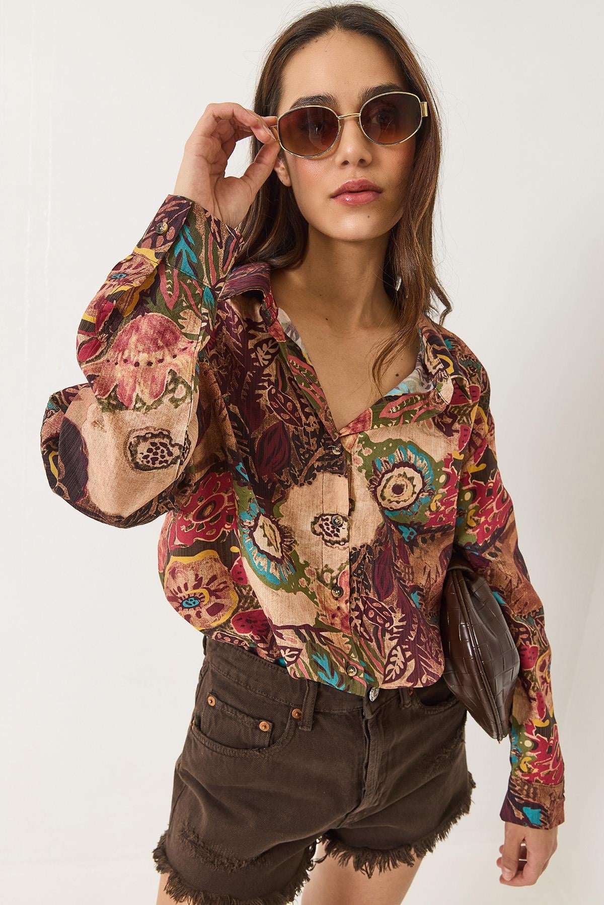 Kadın Desenli Oversize Vintage Gömlek 6617 60283056 - Çok Renkli - Çok Renkli / S