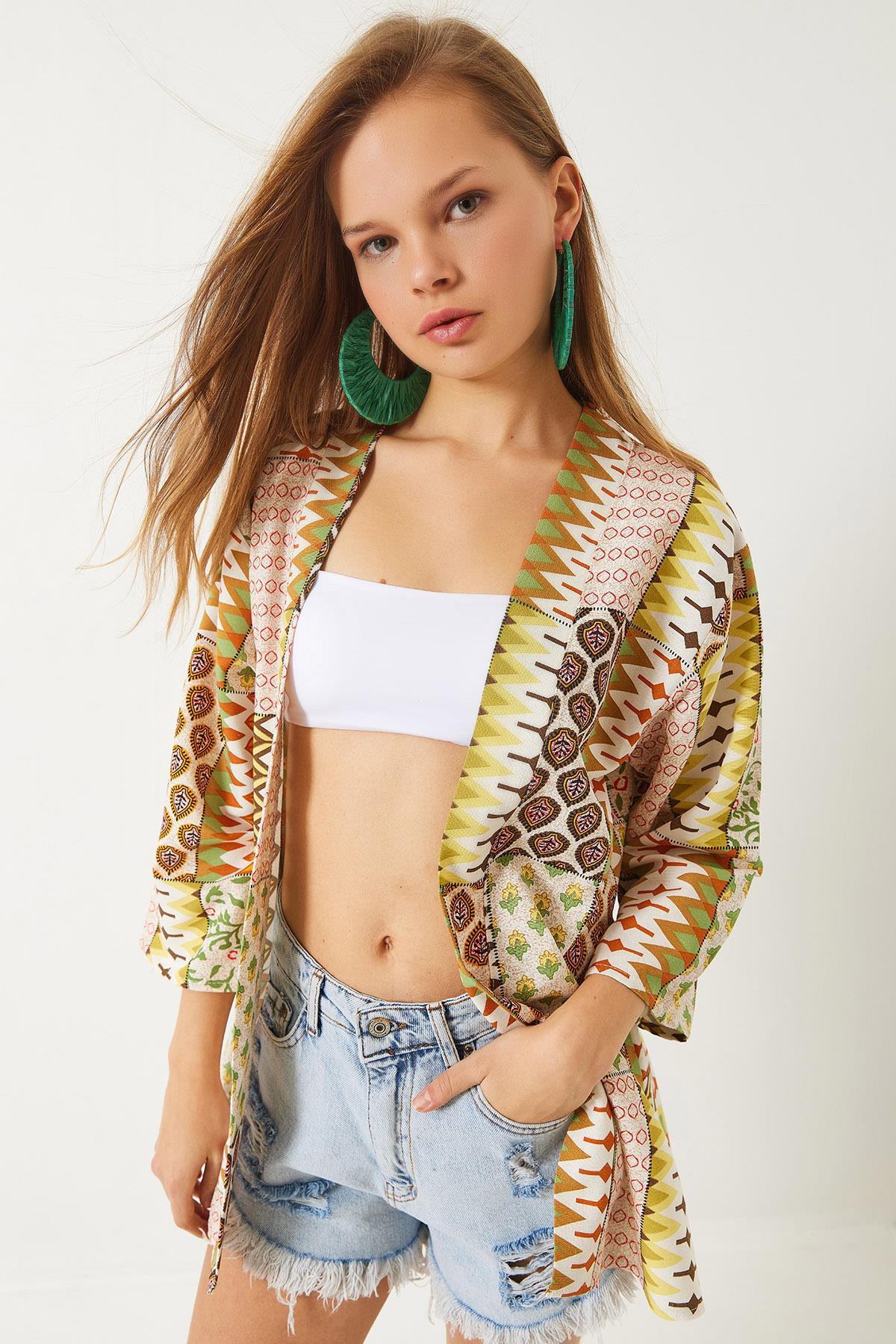 Kadın Multi Desenli Viskon Keten Kısa Kimono 60261537 - Yeşil - Yeşil / S