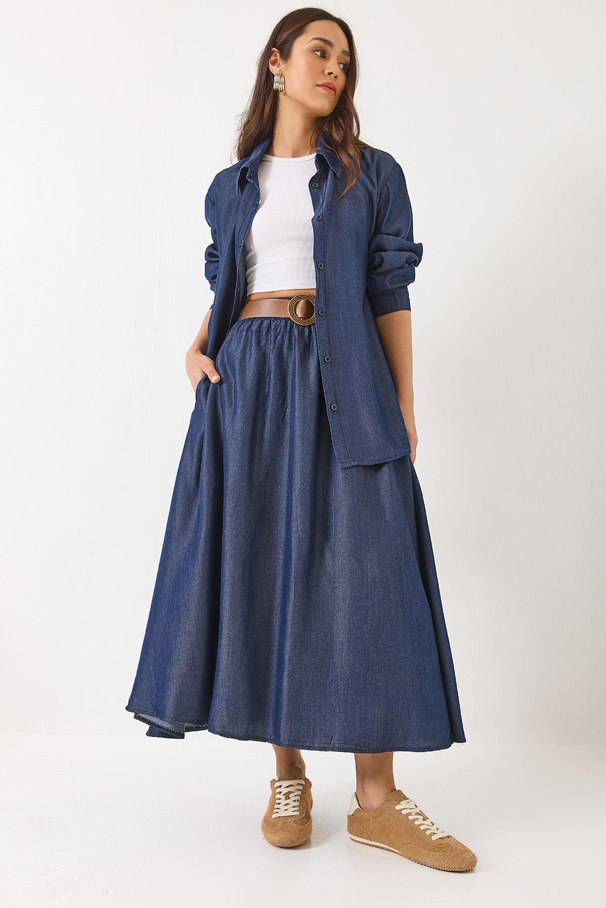Kadın Kloş Cep Detaylı Kemerli Etek Oversize Uzun Gömlek Yazlık Denim Alt-Üst Takım 9308 60283142 - Lacivert - Lacivert / 38