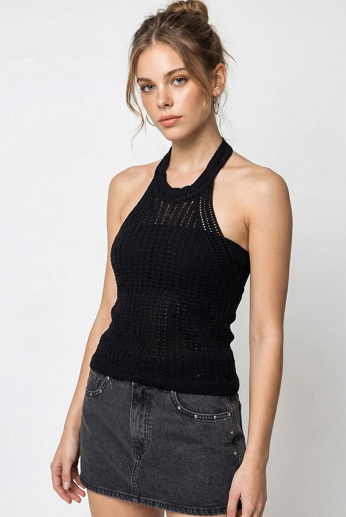 Kadın Halter Yaka Ajurlu Triko Bluz 60261508 - Siyah - Siyah / Tek Ebat