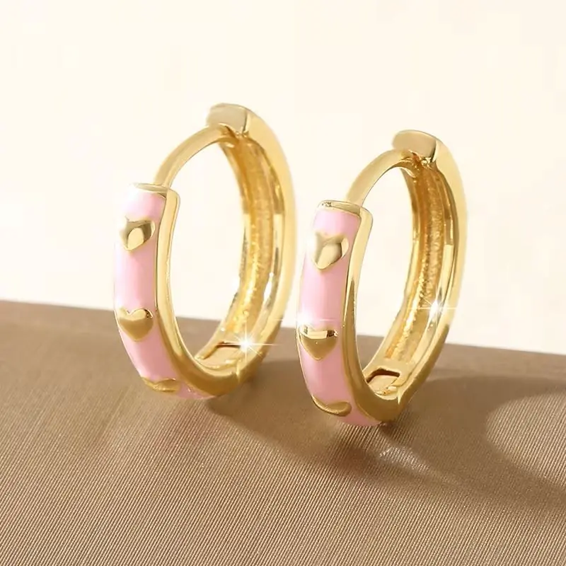 MORESUN Pembe Şık Moda Bakır Damla Yağ Kalp Yuvarlak Pembe Küpe