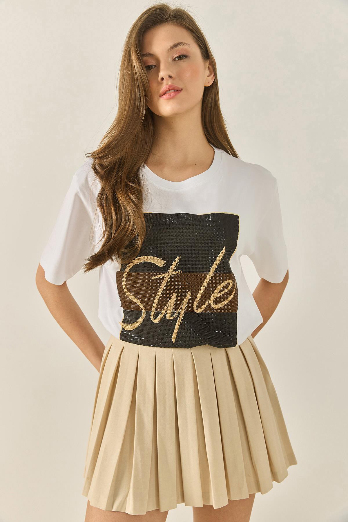Kadın Style Yazılı Taş Baskılı Rahat Kalıp Pamuklu T-Shirt 1610 60283282 - Beyaz - Beyaz / M