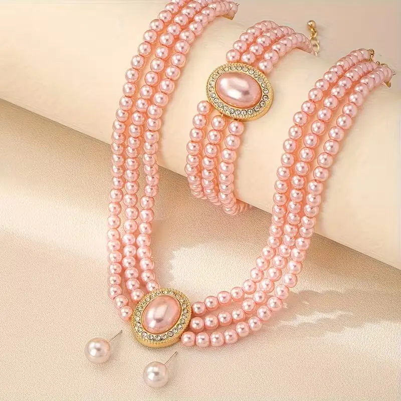 MORESUN Çok Katmanlı Kolye Seti Şık Açık Pembe Set
