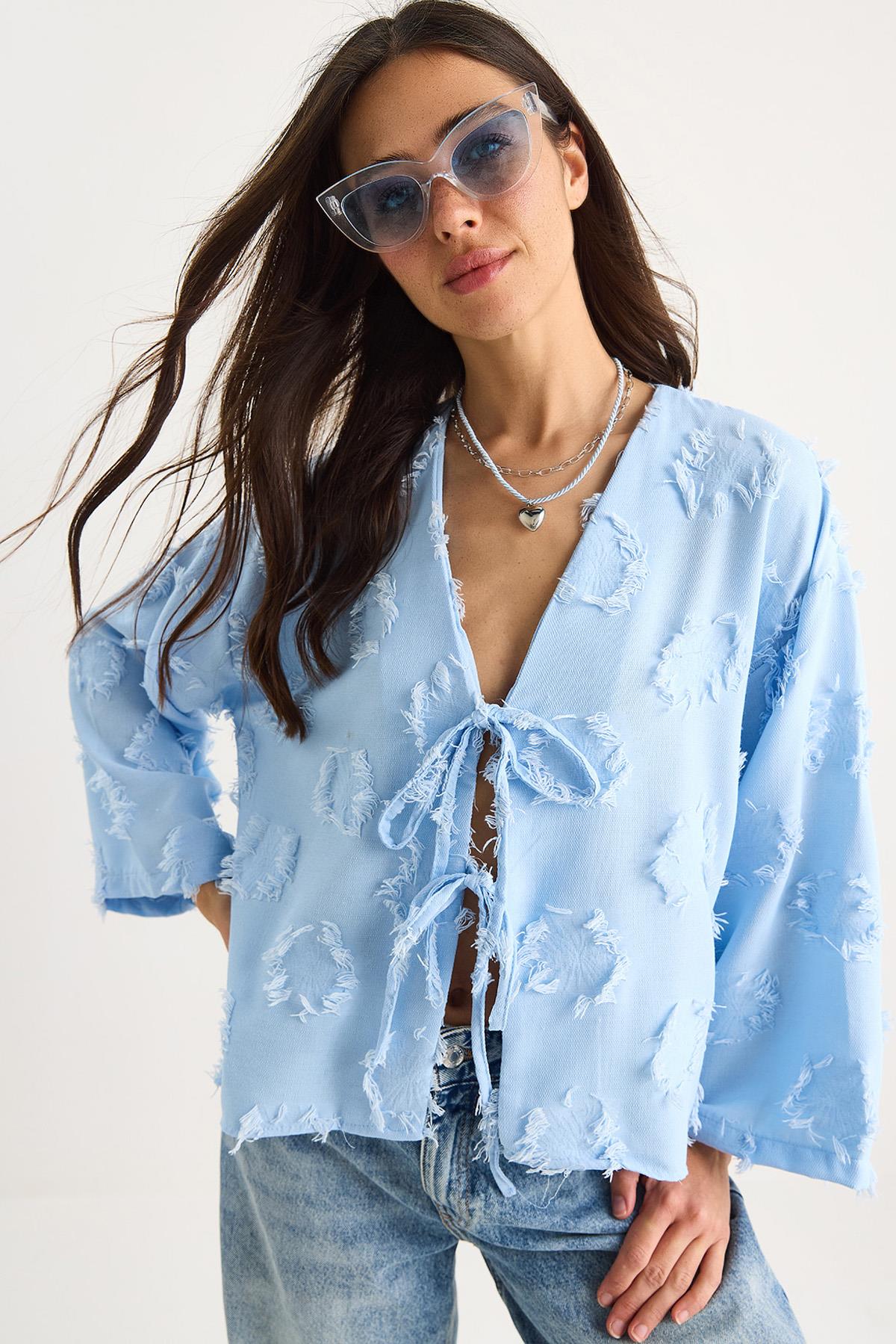 Kadın Önü Bağlamalı Kendinden Nakışlı Püsküllü Salaş Kimono 7012-2 60283410 - Bebe Mavisi - Bebe Mavisi / S