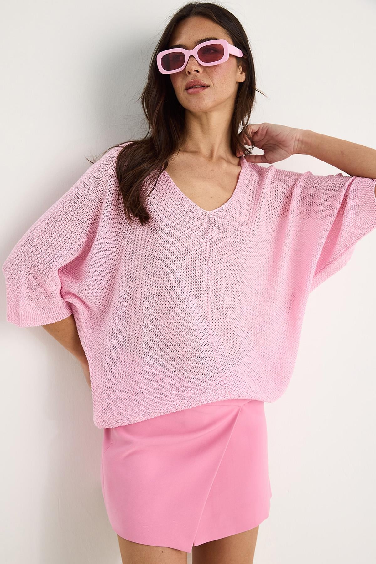 Kadın V Yaka Selanik Örgü Oversize Triko Bluz TY251045 60283338 - Şeker Pembe - Şeker Pembe / Tek Ebat