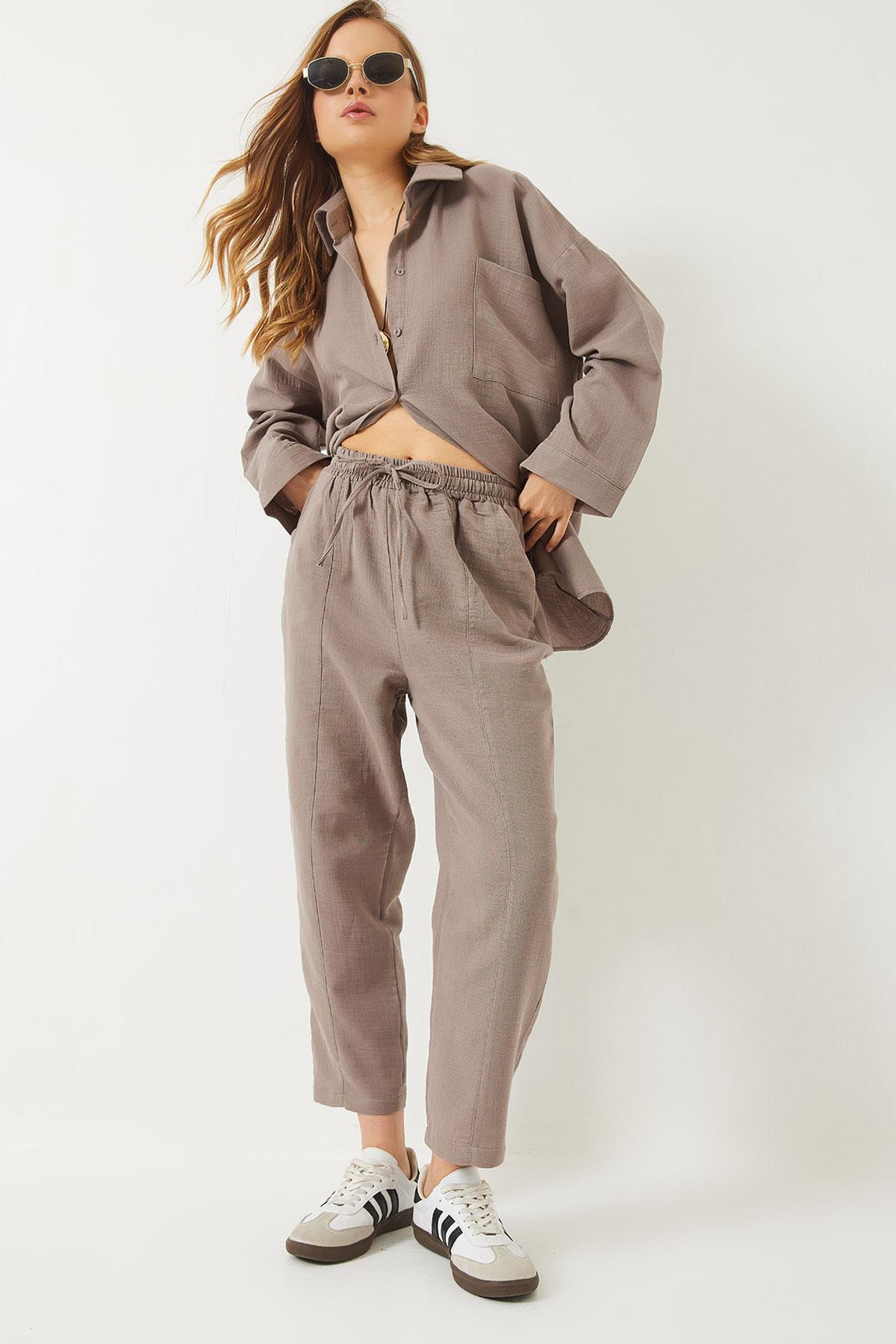 Kadın Oversize Gömlek Şalvar Pantolon Müslin Alt-Üst Takım 9259 60283113 - Vizon - Vizon / 36