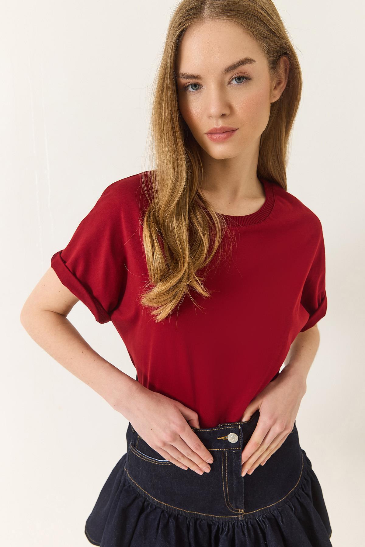 Kadın Organik Pamuklu Regular Kalıp Bisiklet Yaka Basic Kısa Kollu T-Shirt 60602048 - Bordo - Bordo / M