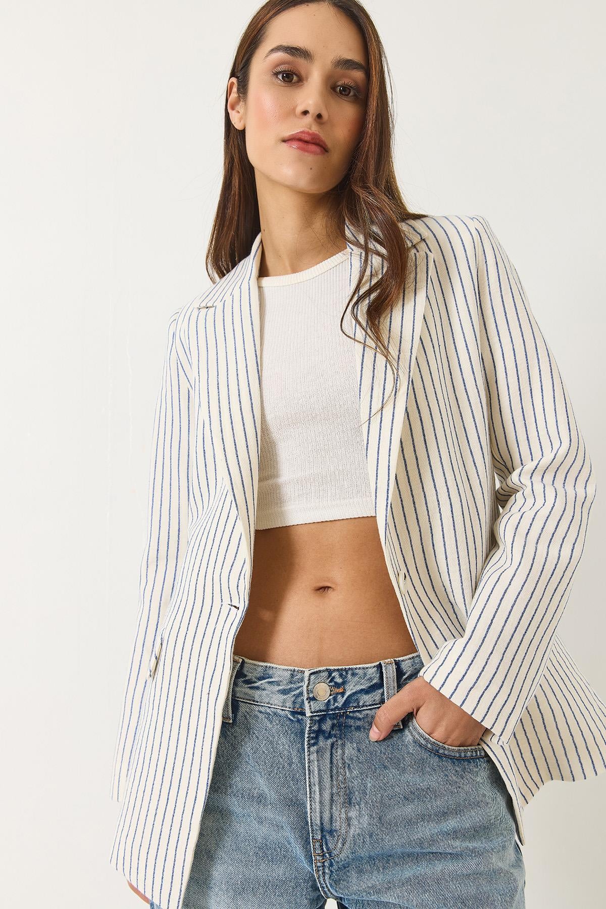 Kadın Çizgili Uzun Kollu Keten Karışımlı Astarlı Blazer Ceket 60283121 - Ekru-Lacivert - Ekru-Lacivert / M