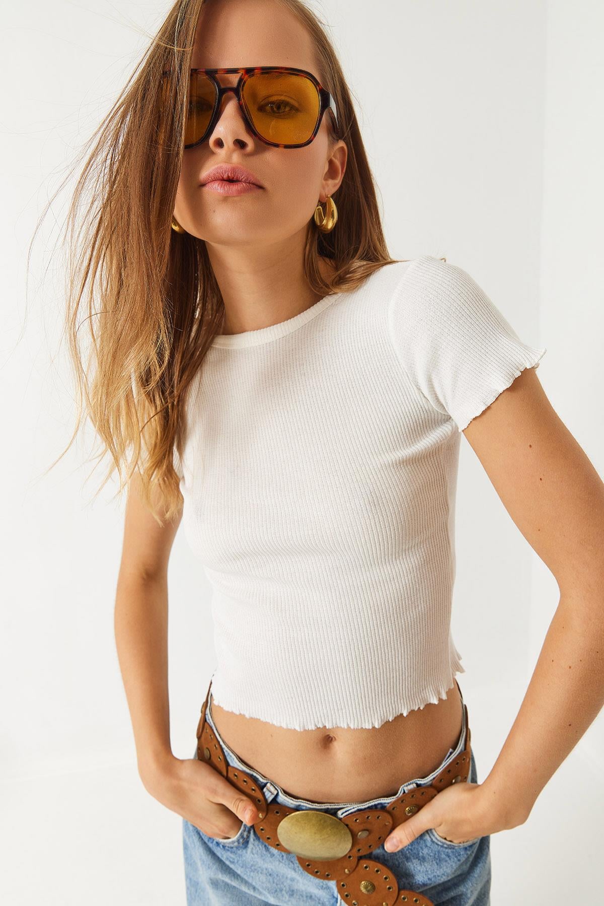 Kadın Fitilli Kaşkorse Basic T-Shirt 60261476 - Beyaz - Beyaz / S