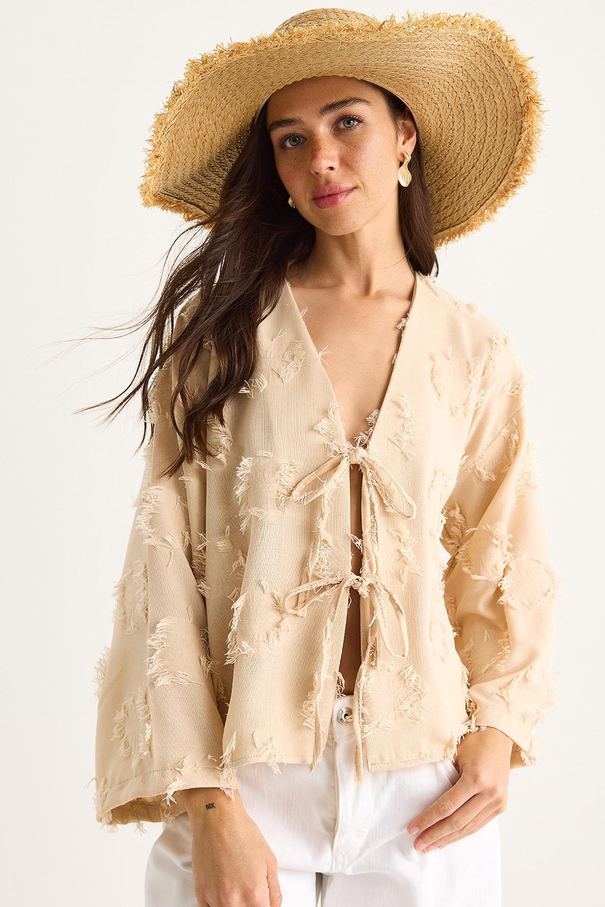 Kadın Önü Bağlamalı Kendinden Nakışlı Püsküllü Salaş Kimono 7012-2 60283410 - Bej - Bej / S