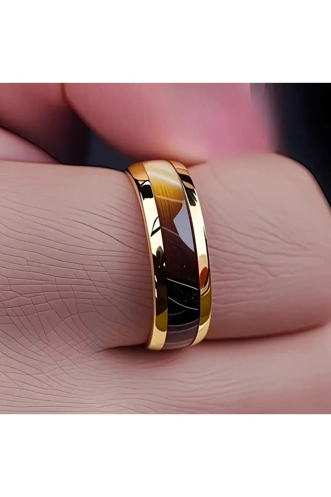 Moresun Unisex Ahşap İçli Minimalist Paslanmaz Çelik Düğün Yüzüğü