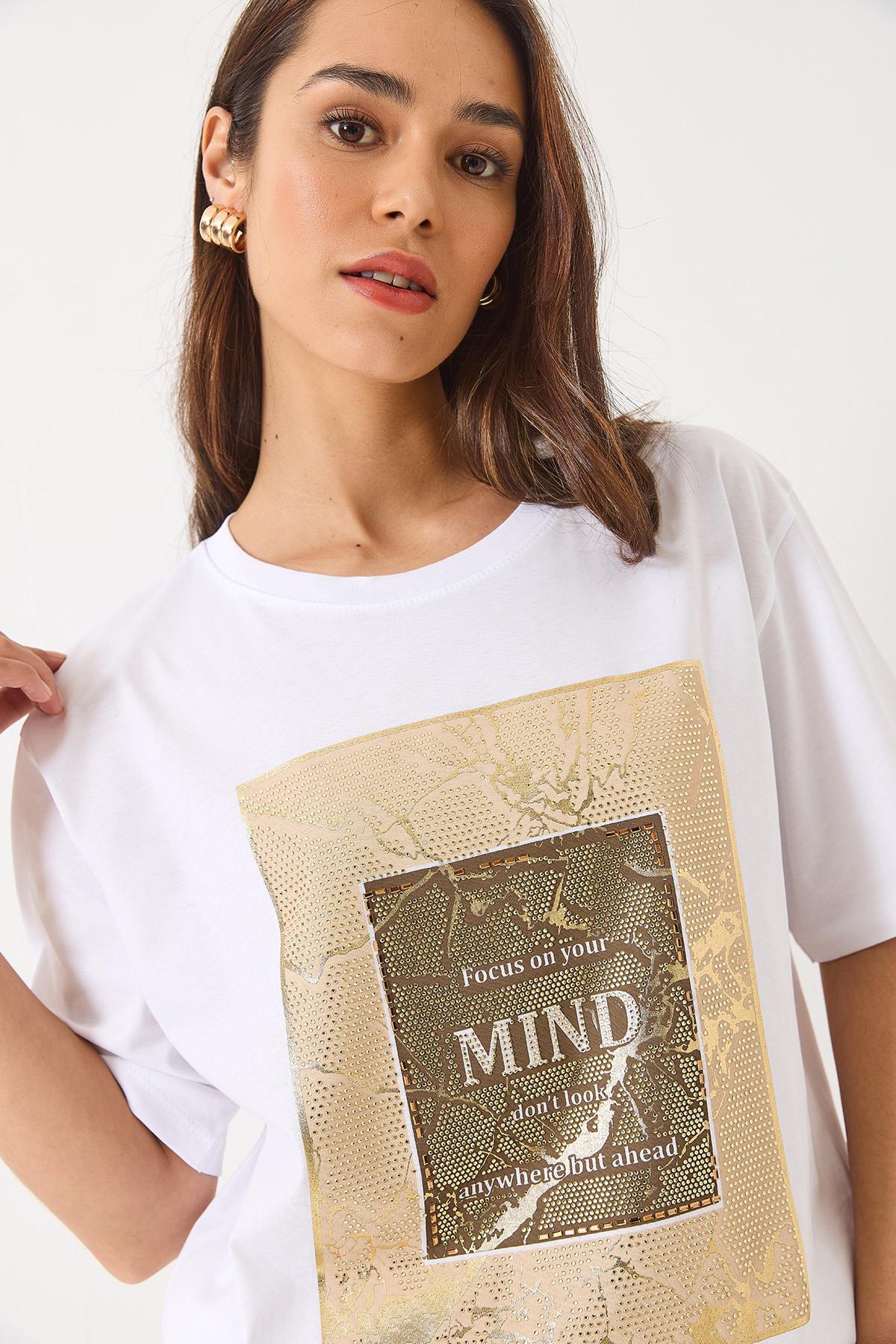 Kadın Bisiklet Yaka Kısa Kollu Taş Baskılı Oversize T-Shirt 60283036 - Beyaz - Beyaz / L