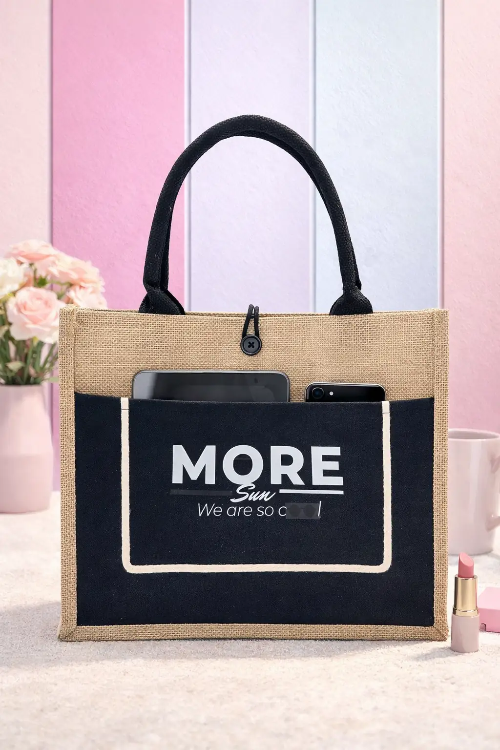 Moresun Organik Jüt Keten Kadın Çanta Orta Boy Tote – El Ve Omuz Çantası -Tablet & Telefon Cepli, Günlük Plaj Alışveriş Çantası (35x30x14 cm) - MR2025-1