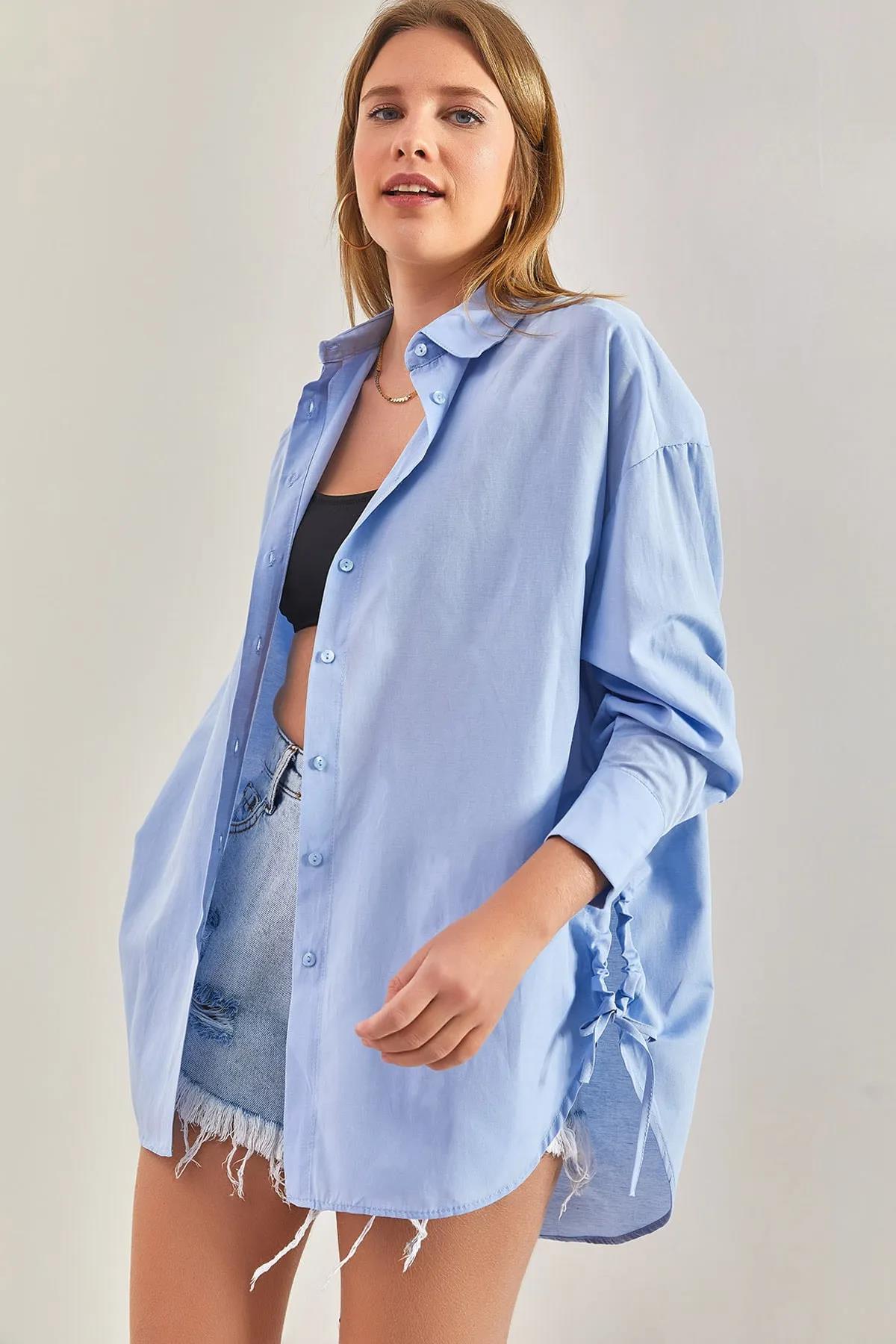 Kadın Oversize Yan İp Büzgülü Gömlek 60261509 - Bebe Mavisi - Bebe Mavisi / Tek Ebat