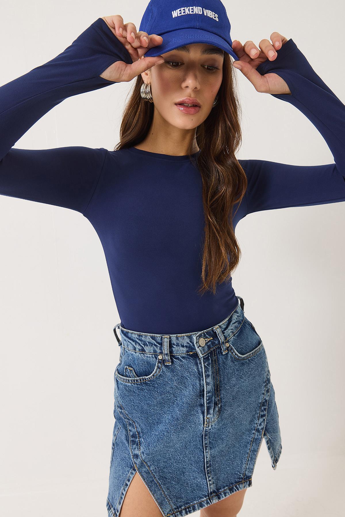 Kadın Bisiklet Yaka Parmak Geçirmeli Basic Bluz 0214 60284030 - Lacivert - Lacivert / S
