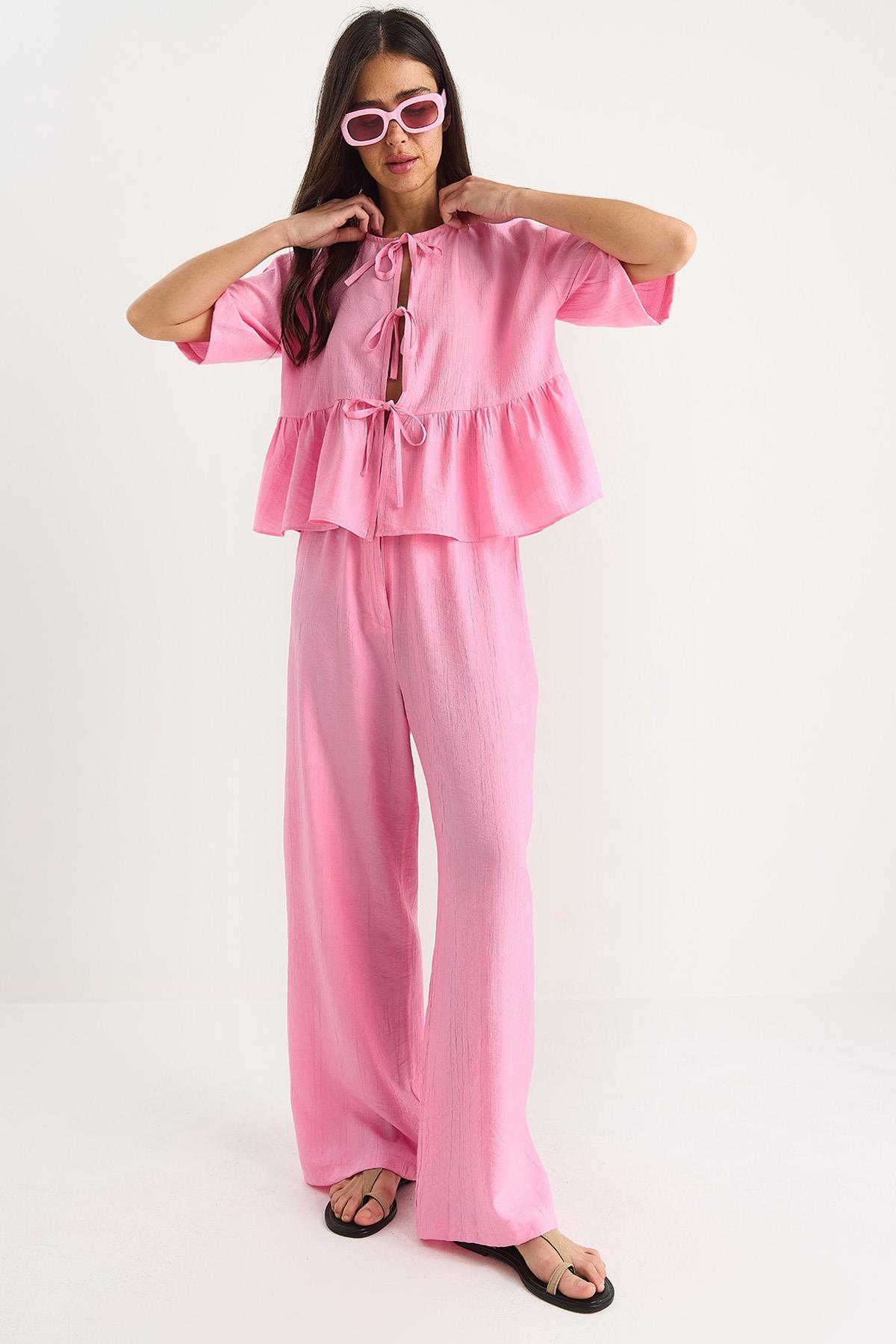 Kadın Bağlama Detaylı Kısa Kollu Bluz Pantolon Alt-Üst Takım 9265 60281014 - Şeker Pembe - Şeker Pembe / 38