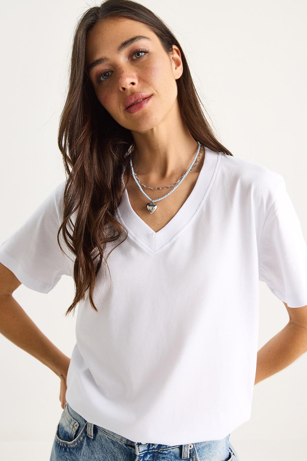 %100 Organik Pamuk Derin V Yakalı Comfort Fit T-Shirt 60602066 - Beyaz - M