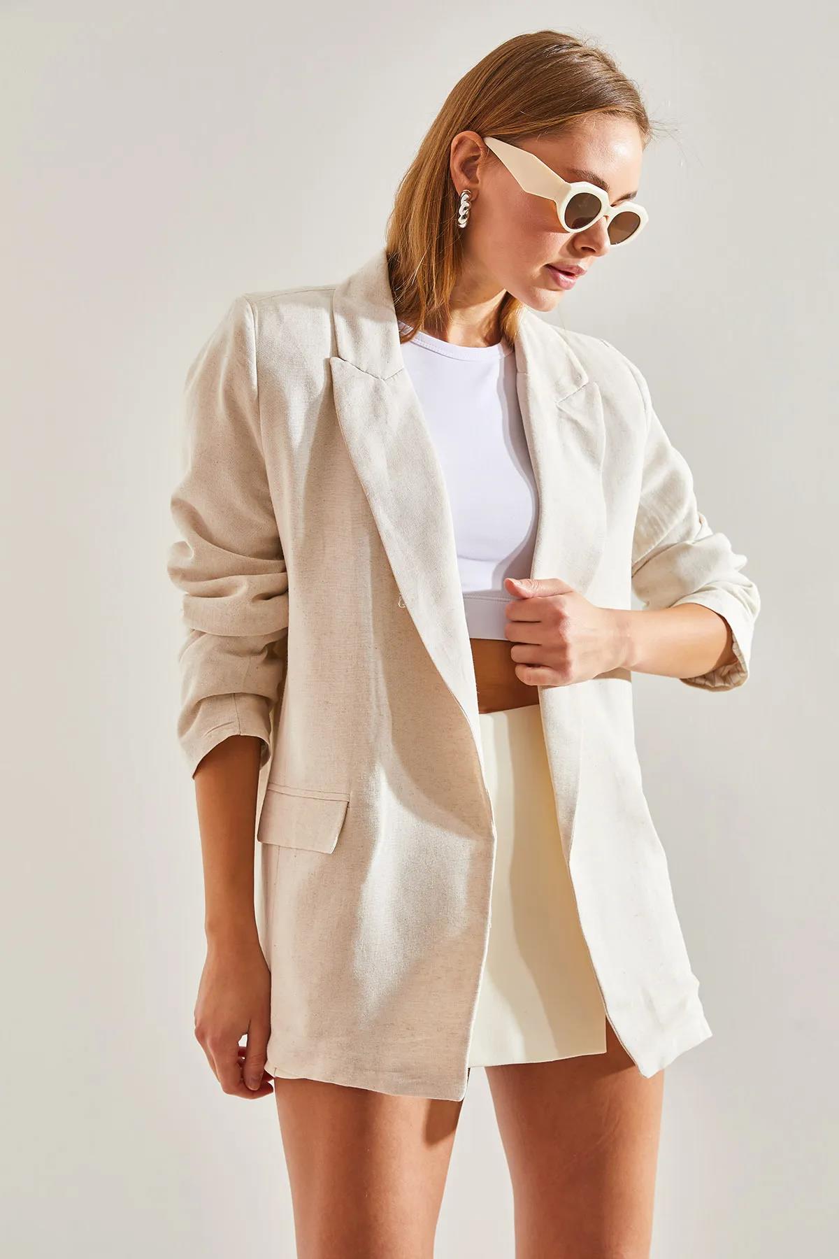 Kadın Astarı Desenli Keten Dokulu Blazer Ceket 60261521 - Bej - Bej / XL