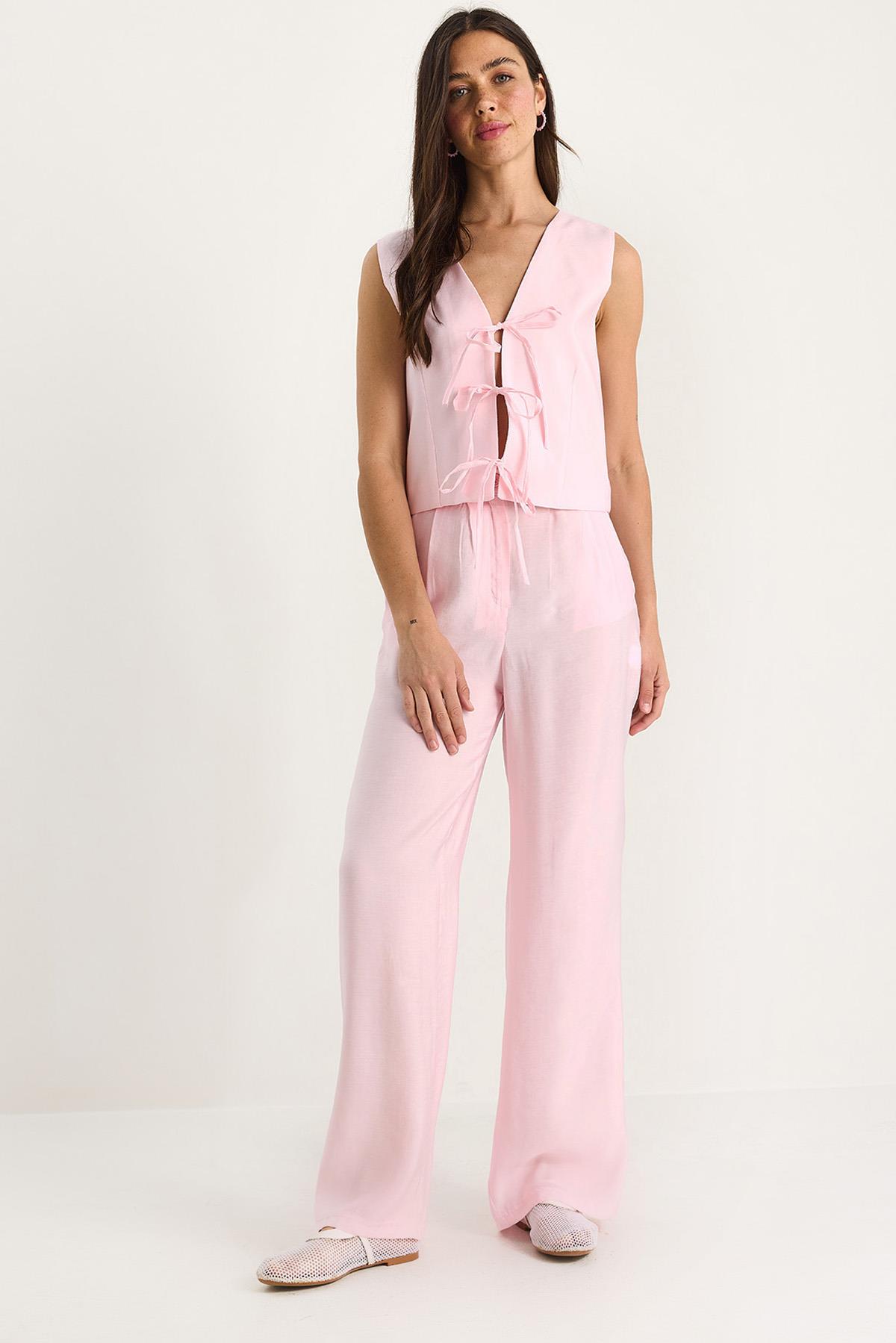 Kadın Bağlamalı Yelek Yüksek Bel Bol Pantolonlu Modal Alt-Üst Takım 9358 60281071 - Toz Pembe - Toz Pembe / 38