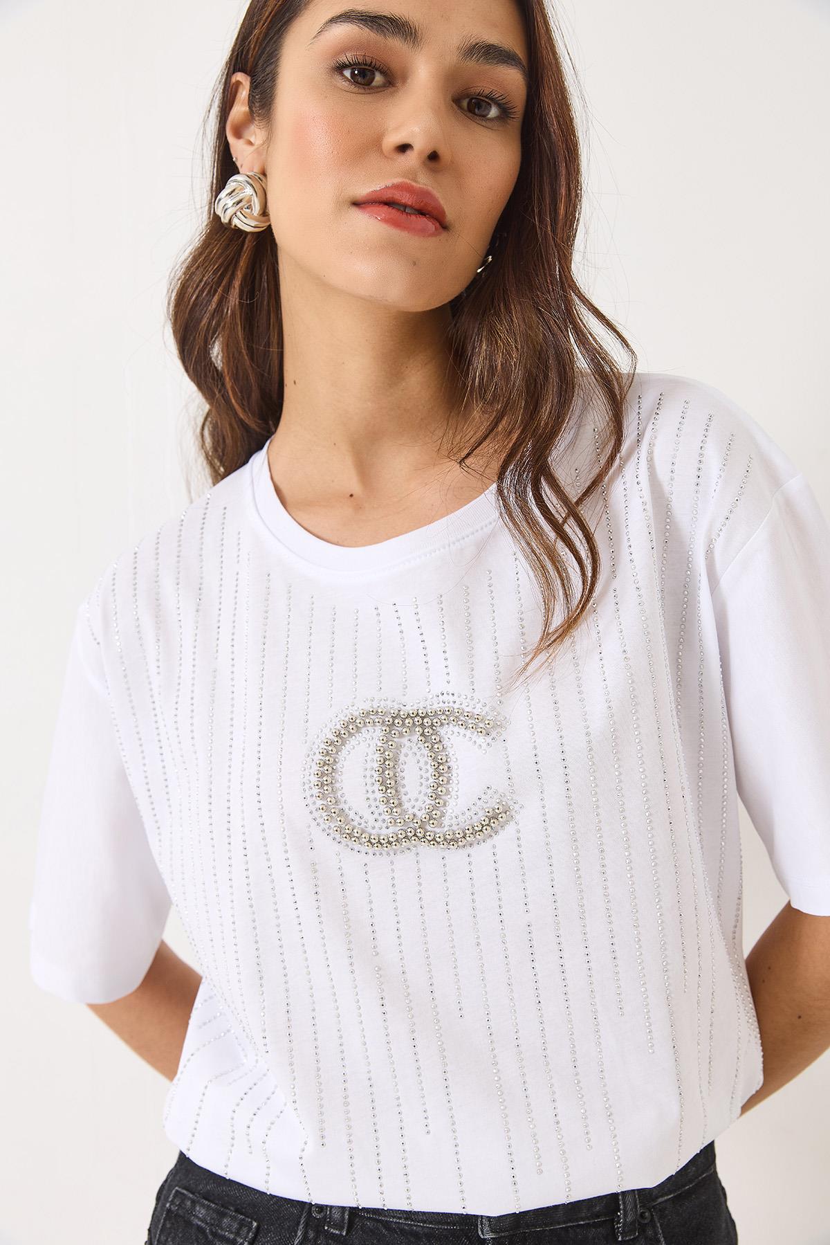 Kadın Bisiklet Yaka Kısa Kollu Boncuk Taş Baskılı Salaş T-Shirt 60283037 - Beyaz - Beyaz / S