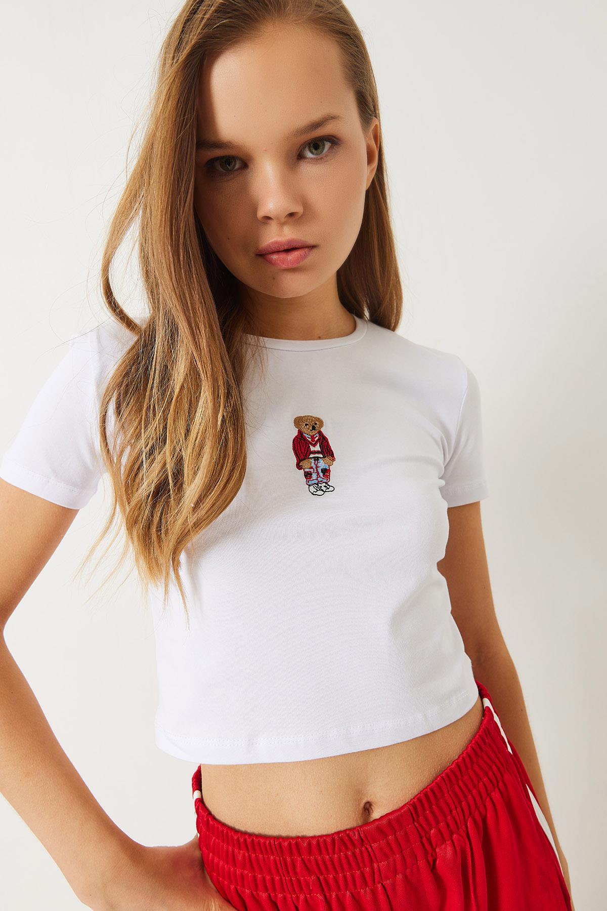 Kadın Teddy Nakışlı Kısa Kollu Fit Crop T-Shirt 60284004 - Beyaz - Beyaz / S