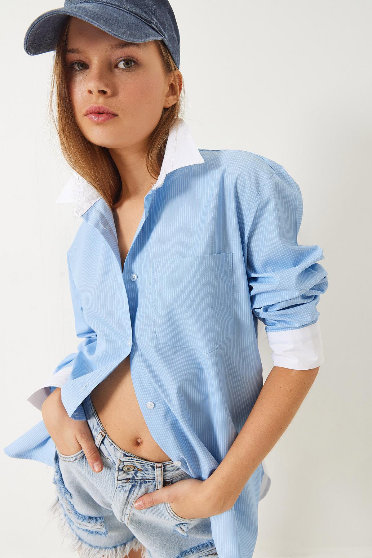 Kadın Garni Detay Oversize Gömlek 4449 60261564 - Bebe Mavisi - Bebe Mavisi / 36