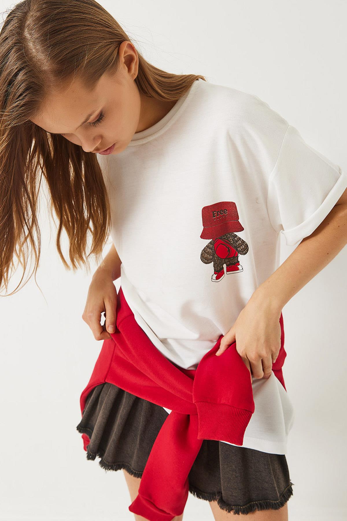 Kadın Sırt Baskı Detaylı Bisiklet Yaka Oversize T-Shirt 3085 60283077 - Beyaz - Beyaz / M