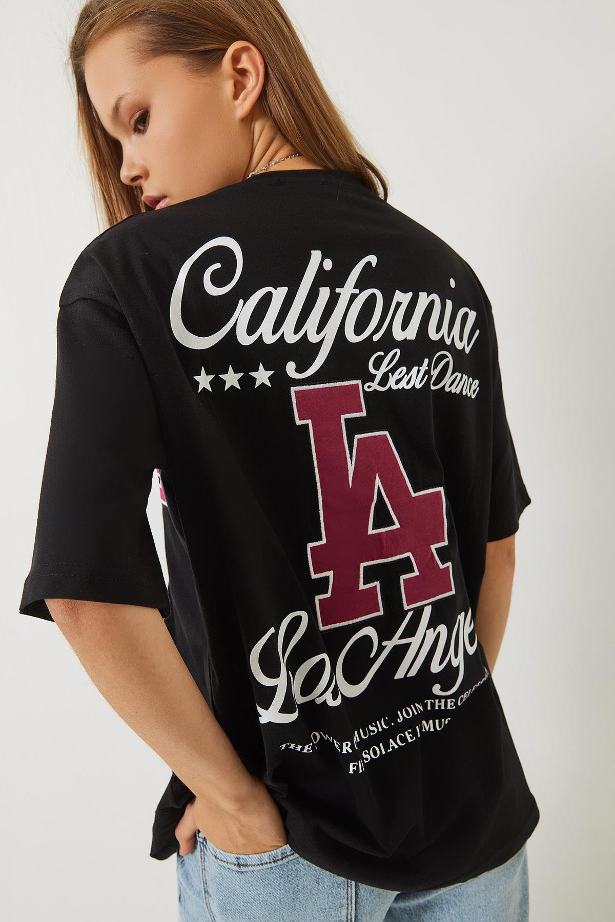 Kadın Los Angeles Baskılı Oversize Kısa Kollu Penye T-Shirt 5197 60283079 - Siyah - Siyah / L
