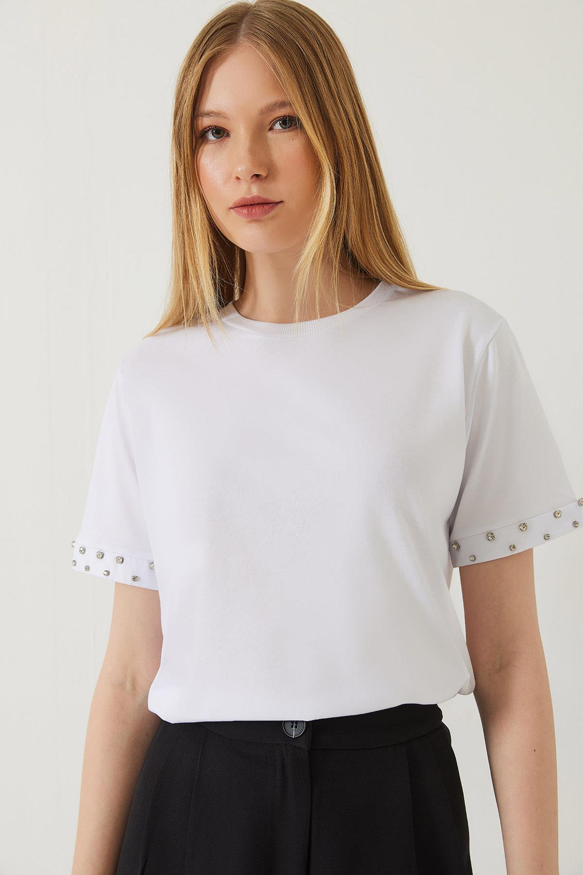 Kadın Kolları Taş İşlemeli Tshirt 60602002 - Beyaz - Beyaz / S