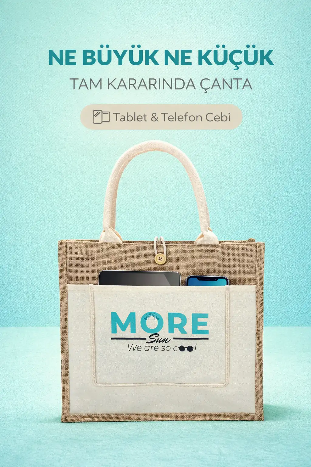 Moresun Organik Jüt Keten Kadın Çanta Orta Boy Tote – El Ve Omuz Çantası -Tablet & Telefon Cepli, Günlük Plaj Alışveriş Çantası (35x30x14 cm) - MR2025-2