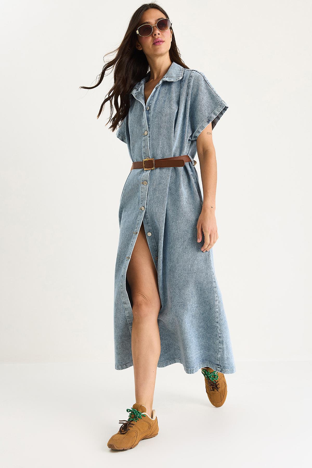 Kadın Pile Detaylı Kemerli Düğmeli Çift Cepli Denim Elbise 60283440 - Buz Mavisi - Buz Mavisi / 40