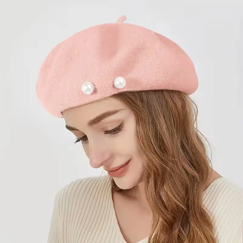MORESUN Kadın İnci İşlemeli Pembe Yün Bere